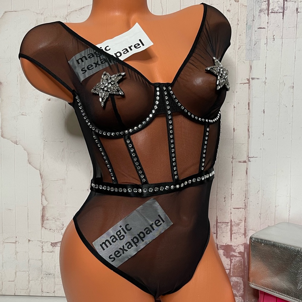 VS LUXE XS S M CRYSTAL EMBELLISHED WESTERN STAR TEDDY BODYSUIT LINGERIE BLING